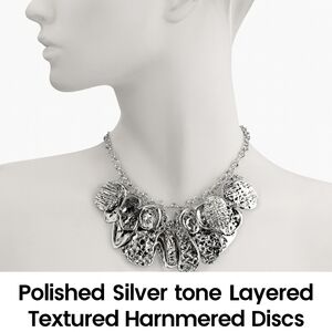 Women’s Silver Hammered Disc, Hoop Necklace – Layered Textured Statement Jewelry